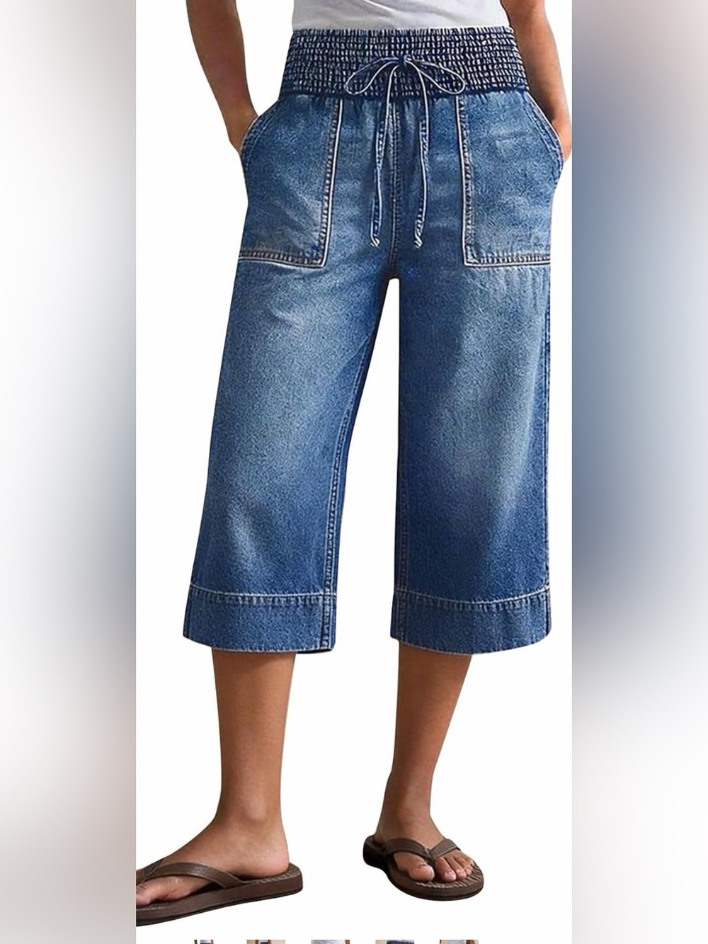 Flamingals Elastic Waist Straight Leg Capri Jeans